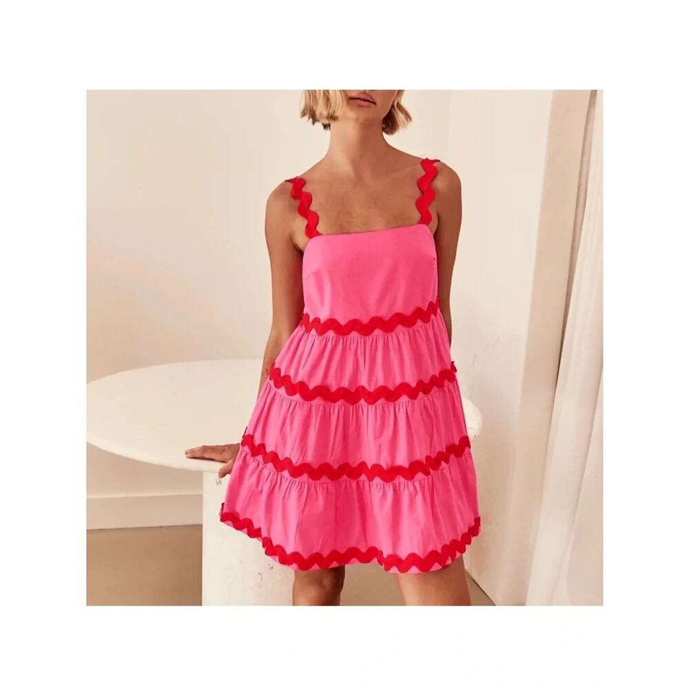Pink Ric Rac Tiered Mini Dress Hot Pink & Red Sundress Size M